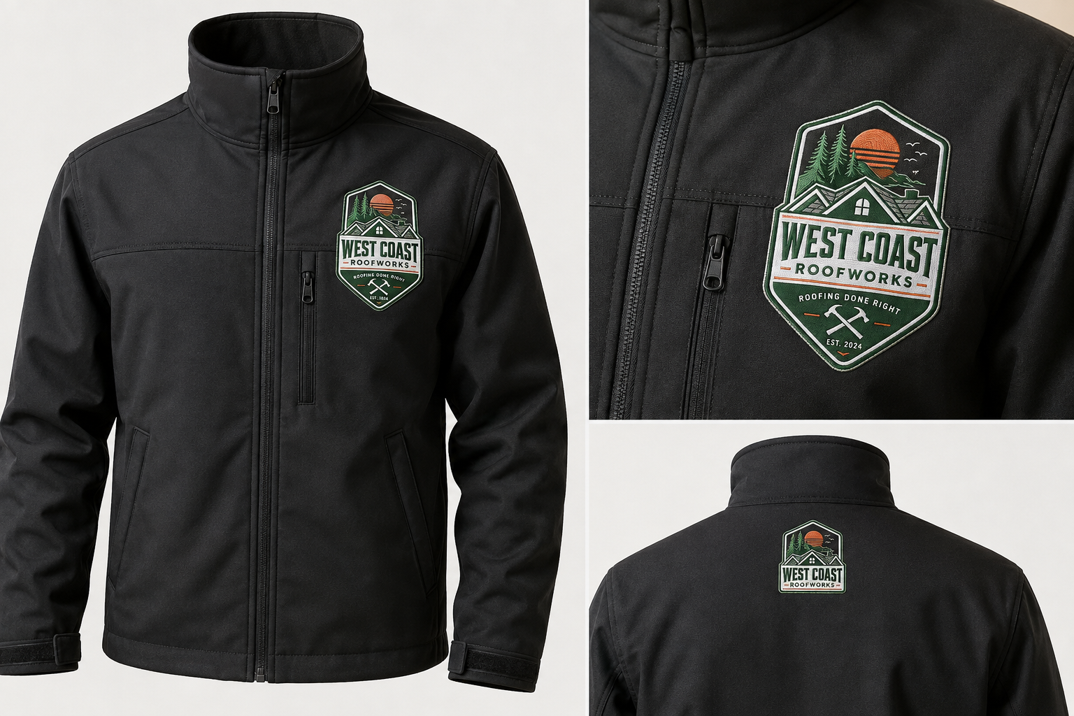 Black softshell jacket with an embroidered roofing company logo on the left chest